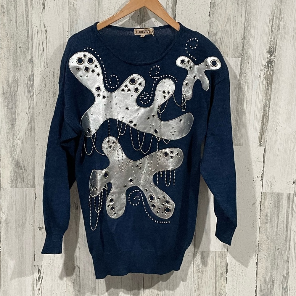 L’EAU VIVE Vintage 80s Blue and Silver Abstract Sweater Size Medium